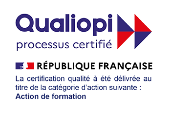 Logo Qualiopi avec mention "processus certifié", accompagné du logo de la République Française et du texte : "La certification qualité a été délivrée au titre de la catégorie d’action suivante : Action de formation